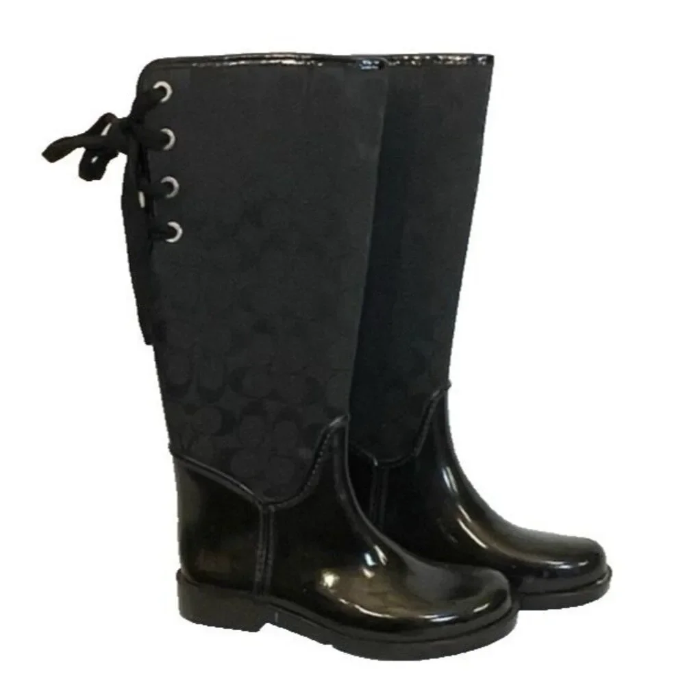 Coach Size 6 Black Signature Round Rubber Toe Lace Up Knee High Rain Boots A7431
